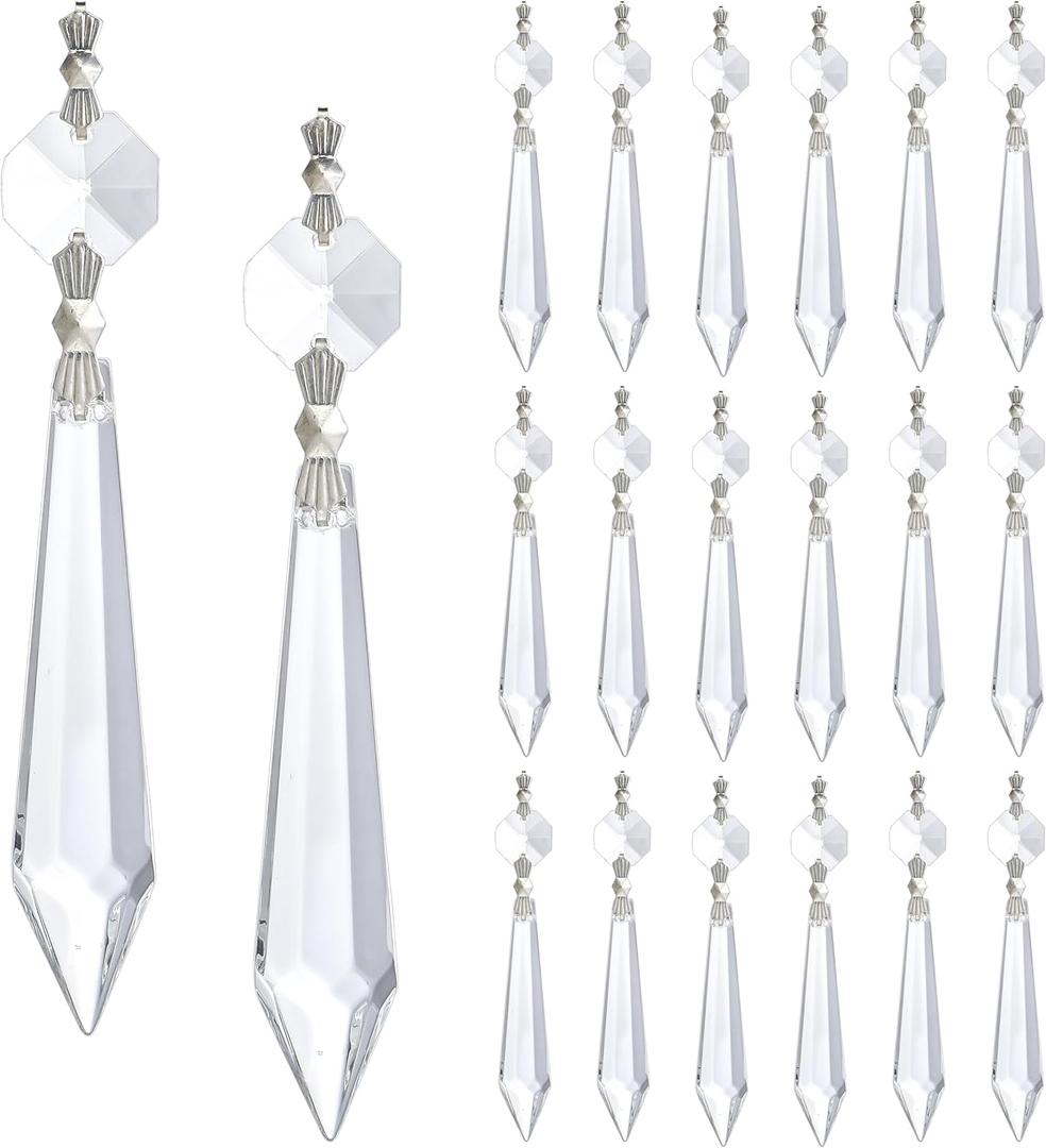 H&D HYALINE & DORA Crystal Icicle Prisms Clear Glass Bead Octogan for Lamp Drop Chandelier DIY Decoration Suncatcher, Pack of 20(2.4 inch)