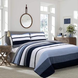 Cozy Line Home Fashions Tranquil Blue Gray Striped Boy 100% Cotton Reversible Quilt Bedding Set, All-Season Coverlet, Bedspread (Rendon, Queen - 3 Piece)