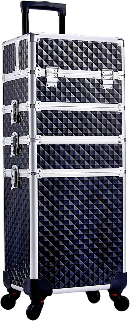 Professional Rolling Makeup Train Case Aluminum Trolley Case with 360° Rotation Wheels for Makuep Artist Cosmetic Suitcase Organizer with Lock and Key Diamond Pattern - Turquoise