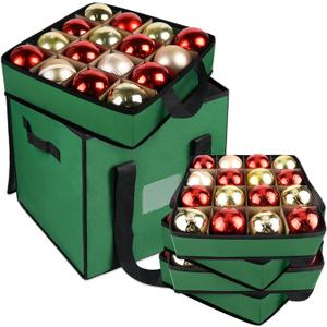 Christmas Ornament Storage Box with Dividers, Christmas Balls Storage Containers with Zipper & 4 Removable Trays - Holds Up to 64 Balls - 600D Oxford Christmas Decoration Storage Organizer (Green)