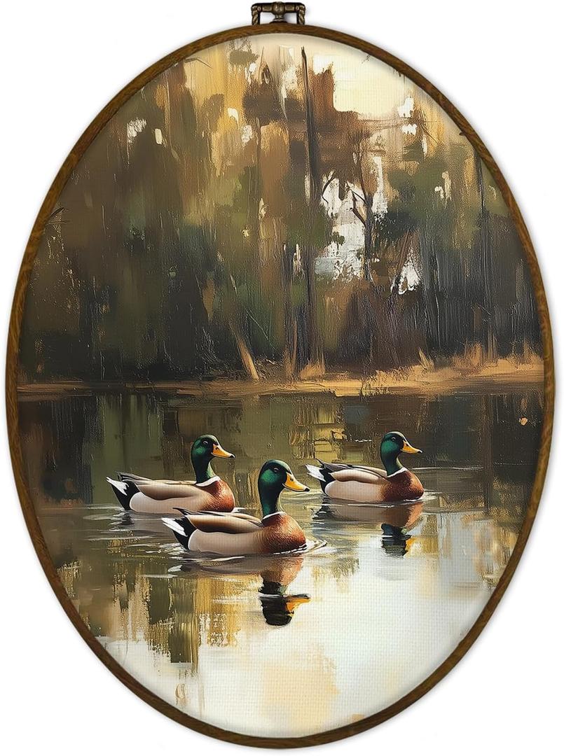 GWFSJYU Vintage Mallard Duck Nursery Framed Oval Wall Art Decor, Farmhouse Duck Canvas Prints Wall Art, Rustic Duck Hunting Hanging Decor for Bathroom Bedroom Living Room, 8.7x11.3inch