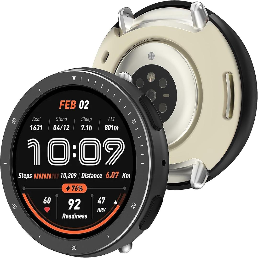 BEARDDO Metal Case for Amazfit Active 2 Smartwatch 44mm, 2 in 1 Stainless Steel Bezel & TPU Back Cover with Cleaning Cloth Accessories, Rugged Shockproof Protector for Active 2 Round Men Women Black