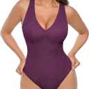 FeelinGirl Floral Lace Deep V Neck Bodysuit Thong Tummy Control Shapewear Purple L