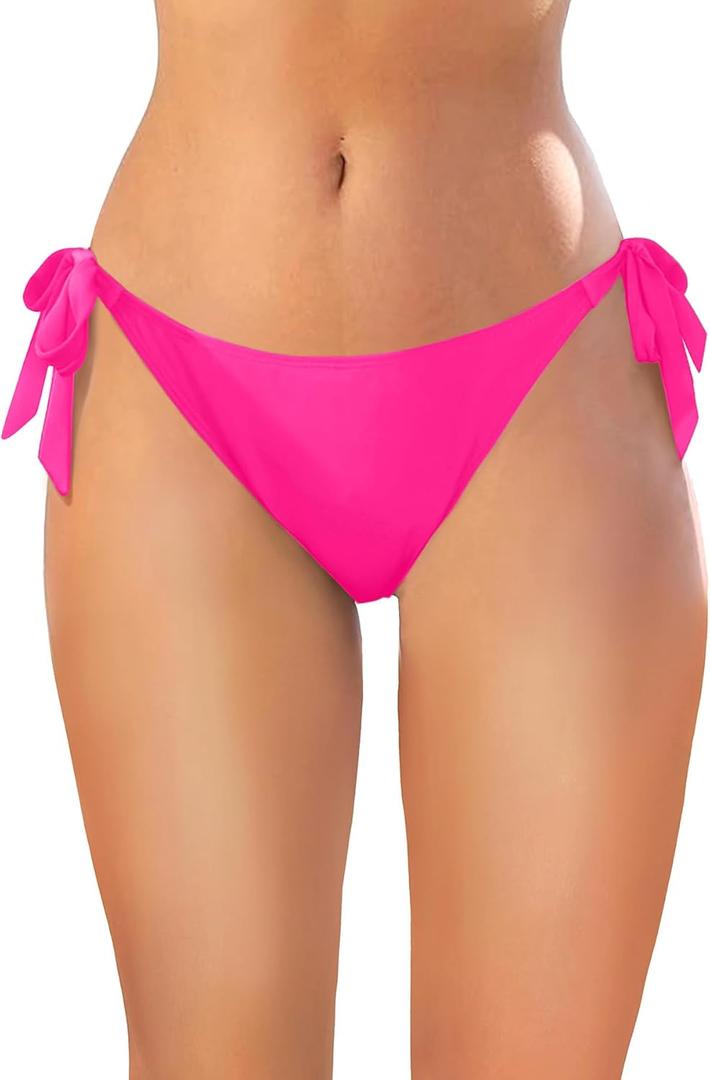 Tempt Me Women Side Tie Bikini Bottoms - String Swim Bottoms Low Rise Bathing Suit Bottoms Cheeky Coverage Swimwear 2025, Size Medium, Hot Pink
