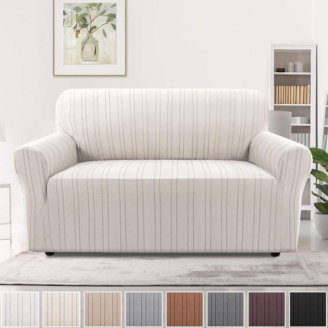 H.VERSAILTEX High Stretch Loveseat Covers 1-Piece Couch Cover Non Slip Sofa Cover with Elastic Bottom Thick Soft Sofa Covers Washable Polyester Spandex Jacquard Fabric Stripe Design (Loveseat, Ivory)