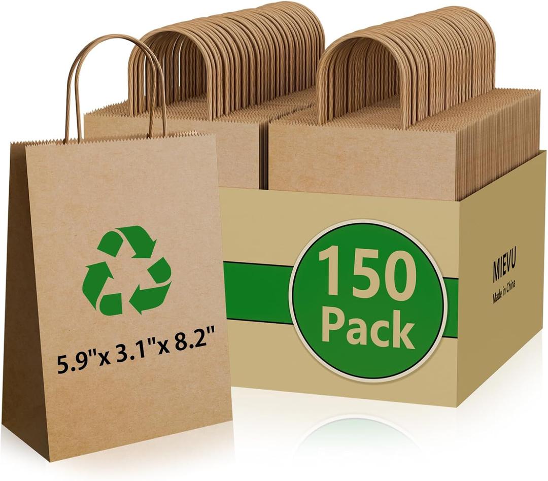 MIEVU 150Pack Small Gift Bags with Handles, 5.9x3.1x8.2 Inch Brown Paper Bags (130g More Sturdy Material)  Bulk Christmas Gift Bag, Party Favor Bags, Recyclable Craft Bags for Gifts,Brown