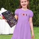 ODASDO Girls Back to School Dress Apple Pencil Embroidered Short Sleeve Ruffle Swing Twirly Dress Summer Outfit (Purple)