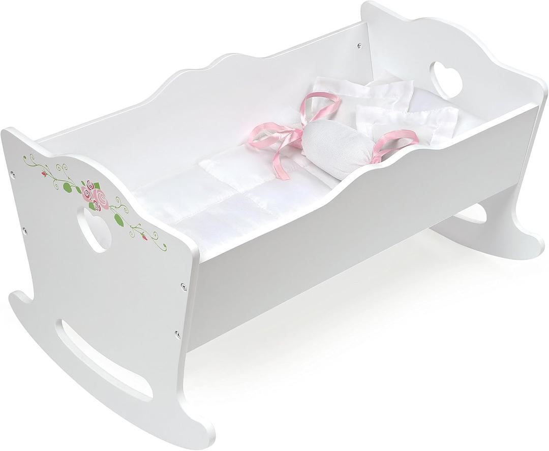 Badger Basket Doll Cradle with Deluxe Bedding Charming White and Rose Design for 18 to 20-Inch Dolls, Complete with Personalization Kit and Pillows