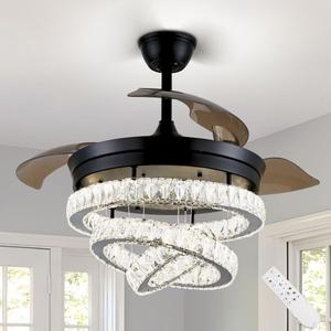 42" Black Fandeliers with Lights Dimmable LED Crystal Ceiling Fan Individual 3 LED Color Change with Timi Memory Function, 24.4 inches