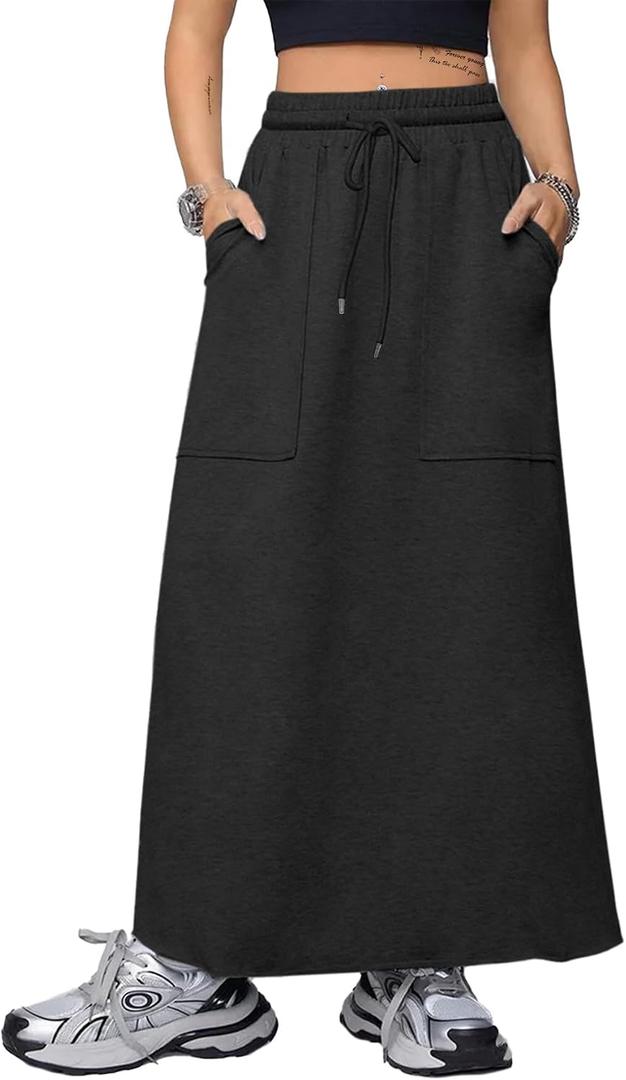 SOFIA'S CHOICE Women's Drawstring Maxi Skirt with Pockets High Waist A Line Long Skirts Black Small (Black, S)