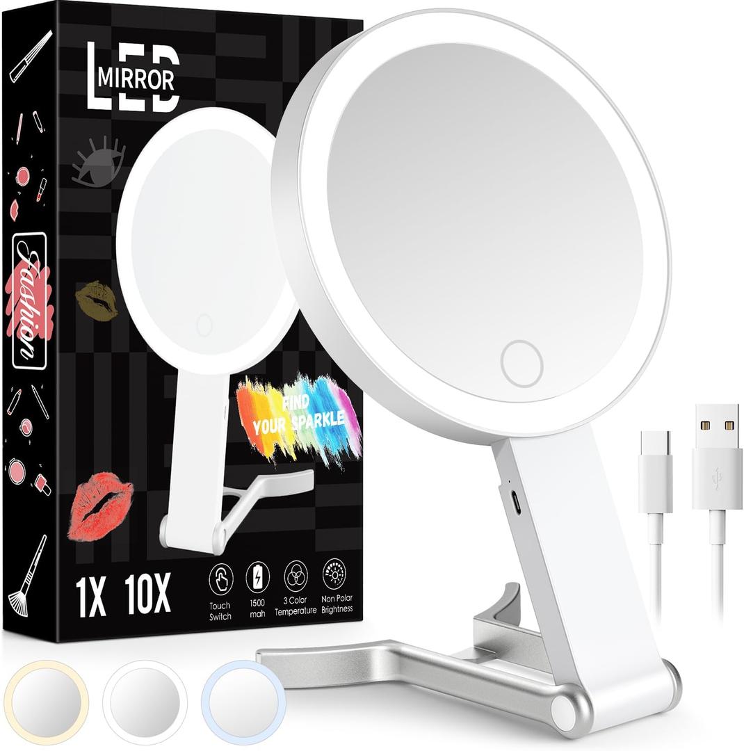 Travel Makeup Mirror with Lights, Lightened 10X/1X Double Sided Magnifying Mirror with 3 Colors, Brightness Adjustable Portable LED Mirror Gifts for Her Women Girls (White)
