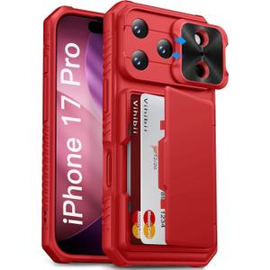 Vihibii for iPhone 17 Pro Wallet Case with Card Holder (4 Cards) [RFID Blocking] & Slide Camera Cover & Raised Edges Protect Screen, Shockproof Rugged Phone Cover Case for iPhone 17 Pro 6.3" 2025, Red