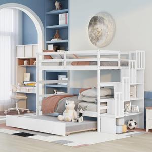 Twin Over Twin Bunk Bed with Trundle,Solid Wood Bunk Beds with Storage Stairs,Bunk Bed Twin Size with Stairs for Kids,Teens,Adults,White Twin Over Twin Bunk Bed with Trundle,Solid Wood Bunk Beds with Storage Stairs,Bunk Bed Twin Size with Stairs for Kids,Teens,Adults,White