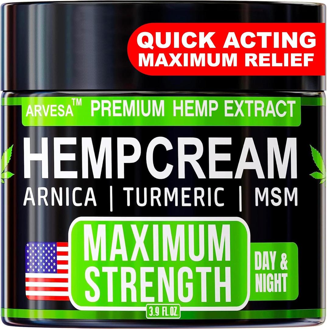Hemp Cream - Maximum Strength - Relieve Muscle, Joint, Back, Knee - Natural Hemp Oil Extract Gel Rub with MSM - Glucosamine - Arnica - Turmeric - Maximum Strength - Formulated in USA - 3.9 oz, Best By: 05/2027