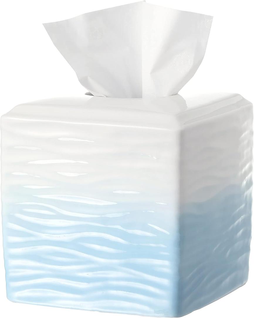 Bathroom Accessories - Ceramic Tissue Holder, Decorative Square Tissue Cover Box (Blue and White Gradient)