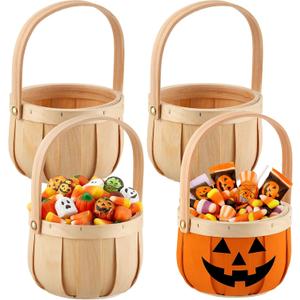 Boao 4 Pcs Small Round Natural Wicker Basket with Handle, Woodchip Wooden Decorative Storage Fall Wooden DIY Gifts, Candy Woven Basket for Home Decor Picnic Storage Halloween Trick or Treat