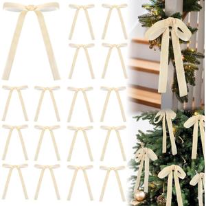 24 Pcs Velvet Bows for Christmas Tree Vintage Ribbon Bows for Crafts Garland Home Coquette Wedding Birthday Decor(5 x 7 Inch, Width of 5/8",Beige)