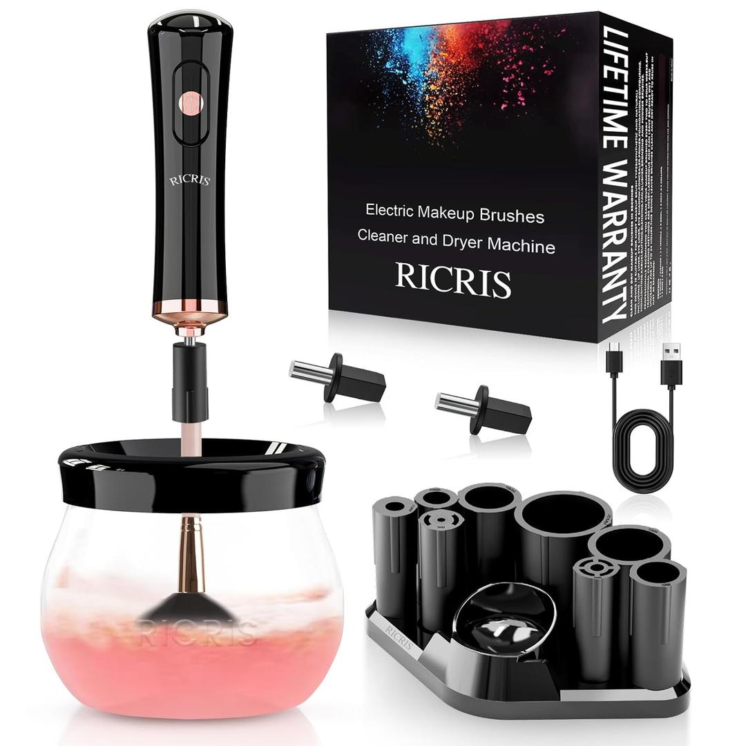RICRIS Electric Makeup Brush Cleaner and Dryer Machine - Super Fast Clean and Dry Make Up Brushes - Automatic Cosmetic Brush Spinner Washer Tools (Black)