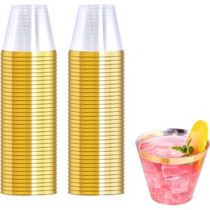 WELLIFE 120 PCS Gold Plastic Cups,9 oz Clear Plastic Cups,Disposable Glasses for Party and Wedding