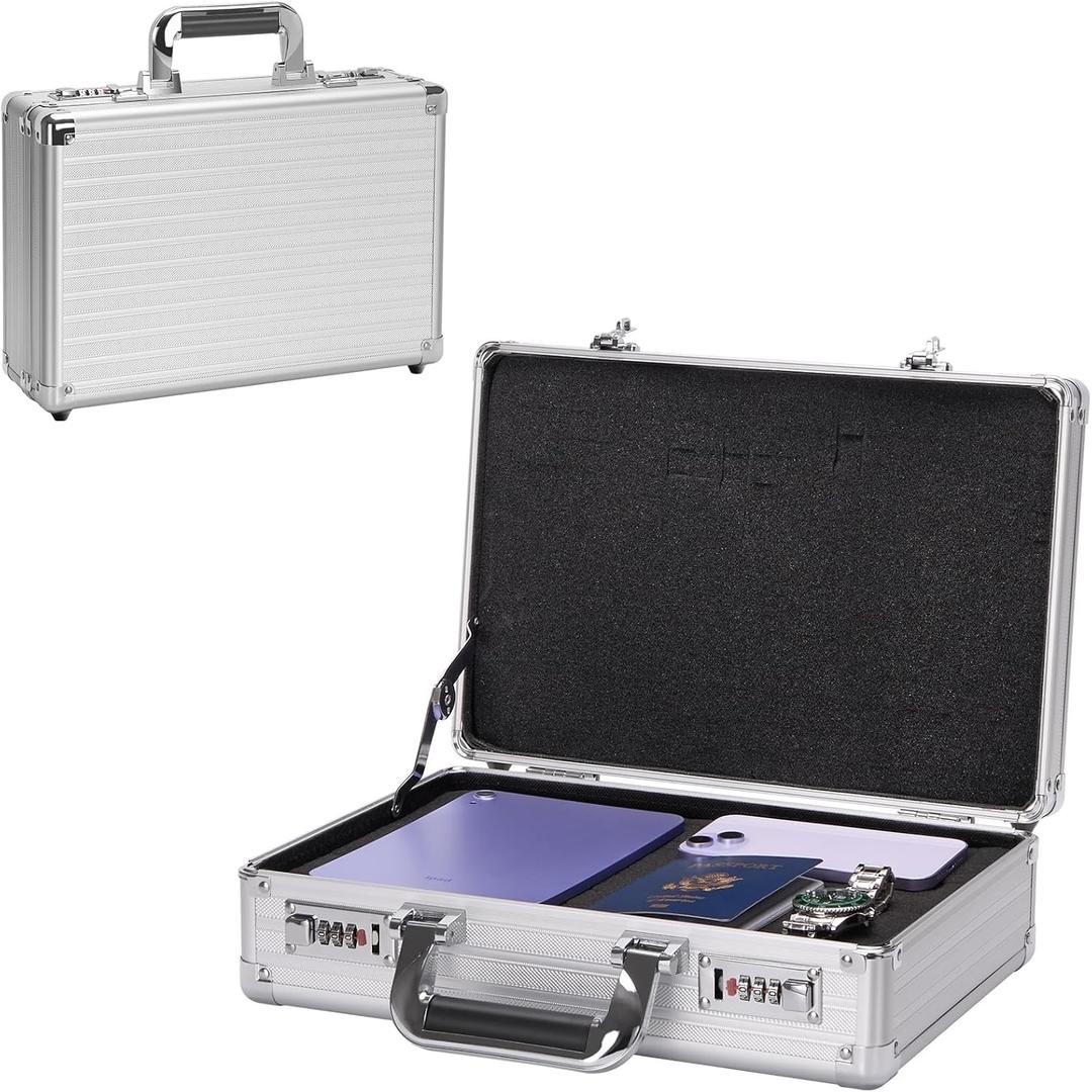 LOCKCURX Security Lock Boxes - 14.2 x 9.4 x 4.5 Inch Medium, Portable Locking Storage Totes with Dual Combination Locks, Medicine Lock Box, Lock Boxes for Personal Items, Cash & Briefcase - Silver