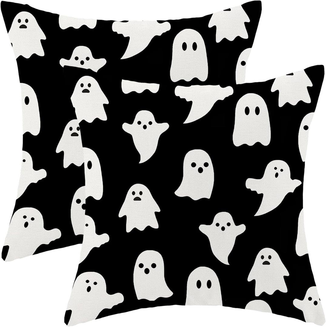 CXMEIFLY Halloween Decor Pillow Covers 18x18 Inch Set of 2 Black and White Ghost Boo Throw Pillows for Couch Happy Halloween Indoor Outdoor Farmhouse Decorative Cushion Case for Sofa Bed Decorations