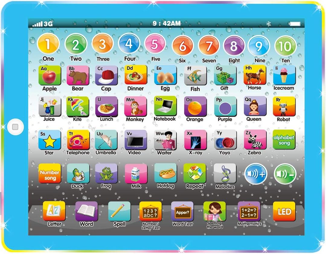 Wenbeier Kids Learning Tablet Toddler Tablet with ABC Word Song Music Number Electronic Interactive Educational Toy ABC Learning for Toddler Ages 3 4 5 6 (Blue)