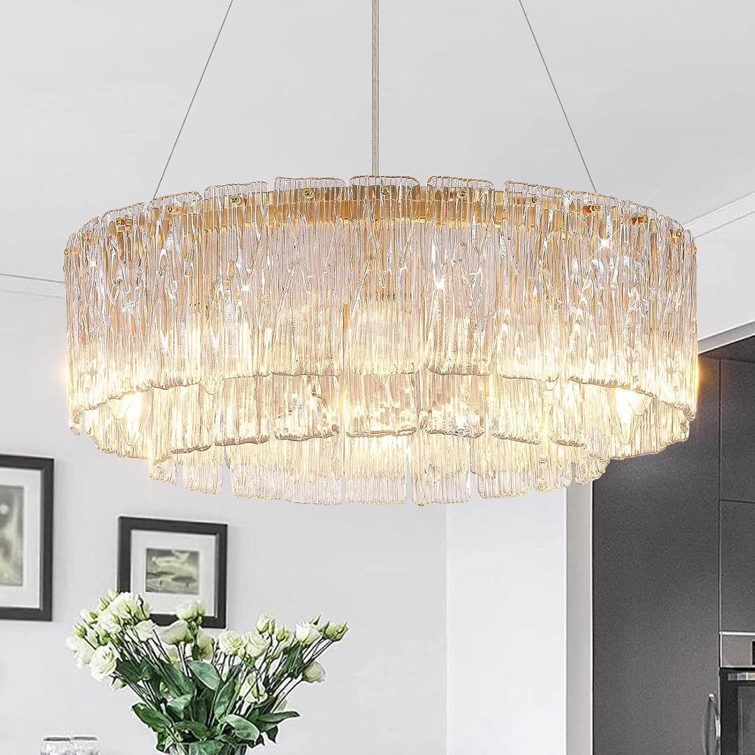 Gold Chandeliers 24Modern Crystal Glass Round Chandelier 10-Light Drum Pendant Ceiling Light Fixtures Luxury 2 Tiers Hanging Chandelier for Dining Room Foyer Living Room Bedroom