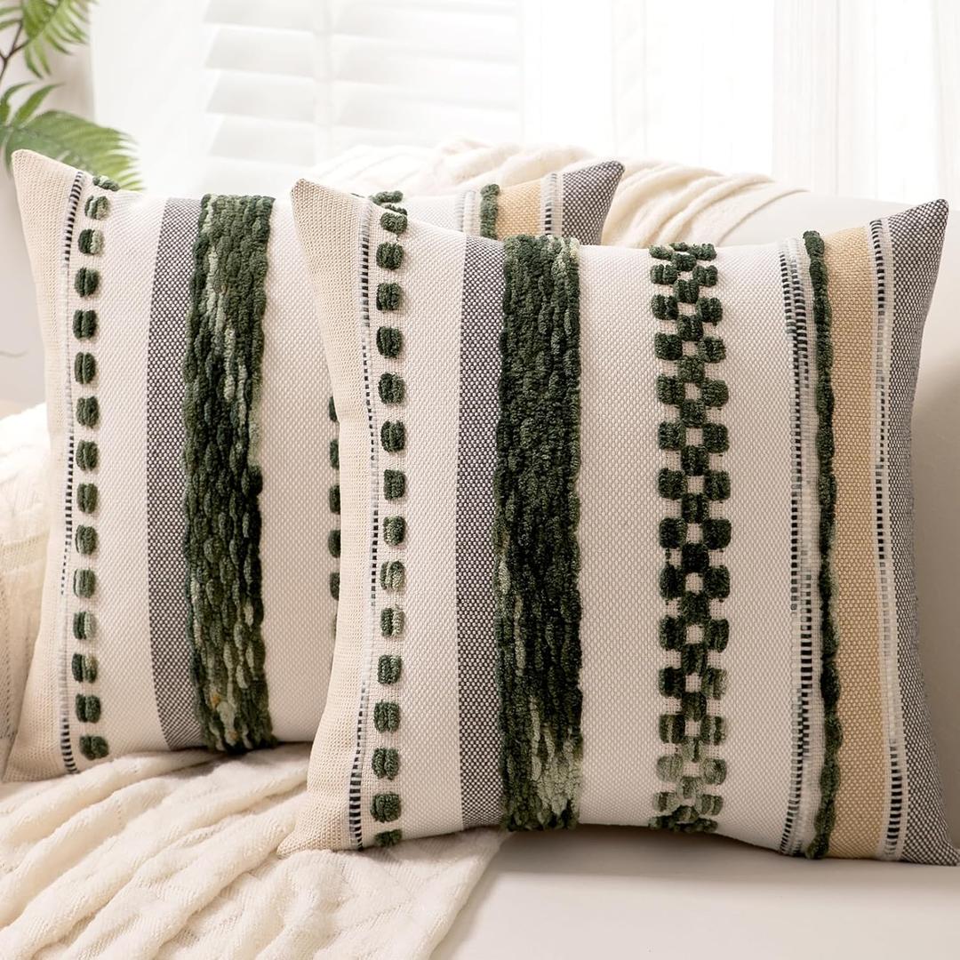Boho Throw Pillow Covers 18x18 Set of 2 Christmas Decorative Cushion Case Striped Square Pillows Cover Chenille Pillow Cases Accent Neutral Pillowcase for Sofa Couch Bed,Dark Green (18" x 18" (Pack of 2), Dark Green Stripe)