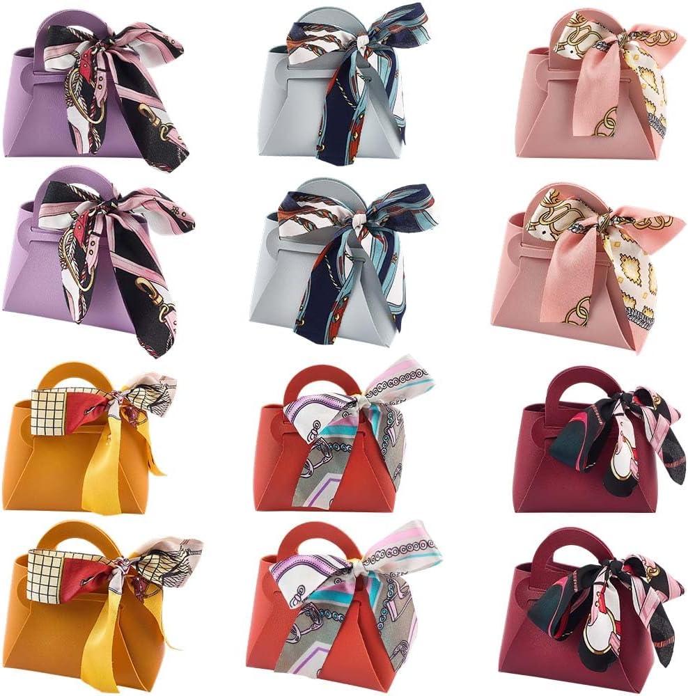CALFOVERA 12 Pack 6 Colors Small Party Favor Boxes Reusable PU Leather Gift Candy Wrapping Bags with Handle Ribbon Mini Handbags for Weddings Party Guest Gift Bridal Showers Birthday Halloween