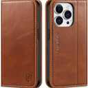 SHIELDON Case for iPhone 14 Pro 5G 2022, Genuine Leather Wallet Case with Kickstand RFID Blocking Card Holder Magnetic Shock Absorbing Cover Compatible with iPhone 14 Pro 6.1" - Retro Brown
