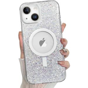 Bonoma for iPhone 15 Plus Case Sparkly Glitter Bling Back, Magnetic Support for MagSafe Shockproof, Crystal and Clear High-Duty Protection for Girls Women-Glitter Crystal