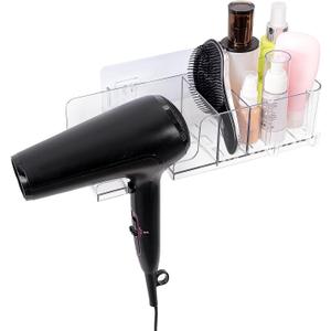 HOMEE Hair Dryer Holder Wall Mounted, Acrylic Blow Dryer Holder for Bathroom, Clear Hair Tool Holder with Storage Organizer, Blow Dryer Holder Storage for Bathroom
