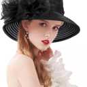 Z&X Organza Church Fascinator Wedding Tea Party Derby Hats for Women Flower Wide Brim Sun Hat (06c Black)