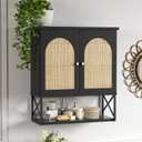 Rattan Bathroom Wall Cabinet, Boho Medicine Wall Cabinet with Double Doors and Adjustable Shelves, Tall Kitchen Wall Mounted Storage Cabinet, Floating Space Saver Over Toilet, Black, 10"D 23.62"W 26.77"H