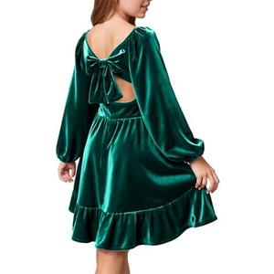WIFFGO Girls Christmas Dress Fall Velvet Tie Back Long Sleeve Elegant Party Gifts for Outfits Kids Teen Winter Dresses Size 160, green