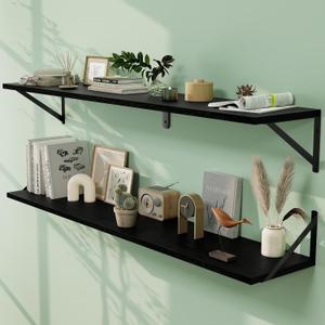 Fun Memories Deep Floating Shelves for Wall, 48W x 8D Wall Mounted Shelves Set of 2, Wide Display Ledge Shelf with Sturdy Metal Brackets for Living Room, Bathroom, Bedroom and Kitchen, Black (48"W x 8"D)