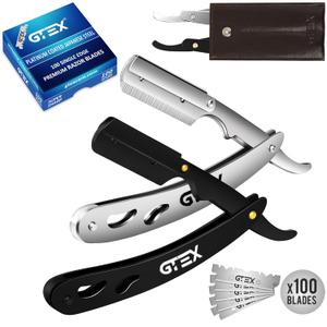 Straight Razors For Men 100 GTEX Barber Razor Blades - 2 Professional Single Blade Razors for Men Navajas Para Barbero Straight Edge Razor Barber Beard Razor Shavette Shaving Razor Kit (Silver and Black)