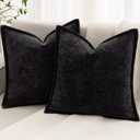 Black Decorative Throw Pillow Covers 24x24 Inch Set of 2 Cozy Soild Chenille Cushion Cases Soft Textured Square Couch Pillows Cover Boho Accent Farmhouse Pillowcases for Sofa Bed