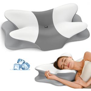 Cervical Neck Pillow for Pain Relief - Ergonomic Side Sleeper Pillow for Neck Support, Cooling Memory Foam Pillows for Sleeping, Contour Pillow Orthopedic Bed Pillow for Back Stomach Sleepers (White & Grey)