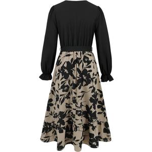 Women's Vintage Floral Print A-Line Dress Lantern Long Sleeve Belted Boho Beach Long Dress  Large