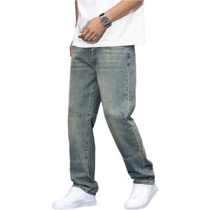 Verdusa Men's Straight Leg Jeans Baggy Denim Pants Vintage High Waist Loose Trousers (Large, Blue)