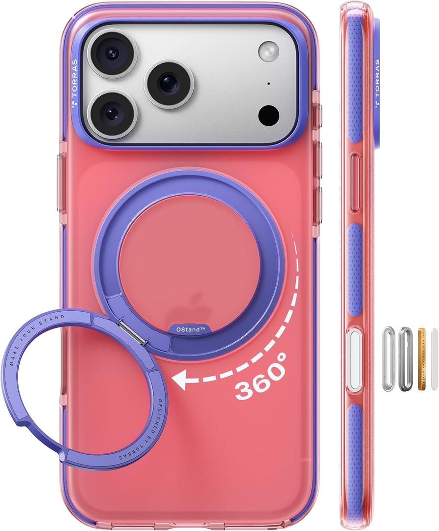 TORRAS O3 Hue for iPhone 17 Pro Case,4X Military-Grade Air Drop Protection with Shockproof Airbag Bumper,360 Strong Magnetic Stand Compatible with MagSafe,Colorblock Aesthetic 6.3 inch,Blush Pink