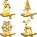 4 Pack Christmas Stocking Holders for Mantle, Stockings Hangers Set of 4, Snowflake Snowman Tree Deer Reindeer Heavy Weighted Hooks for Mantel Fireplace Windows Indoor Decorations Gold