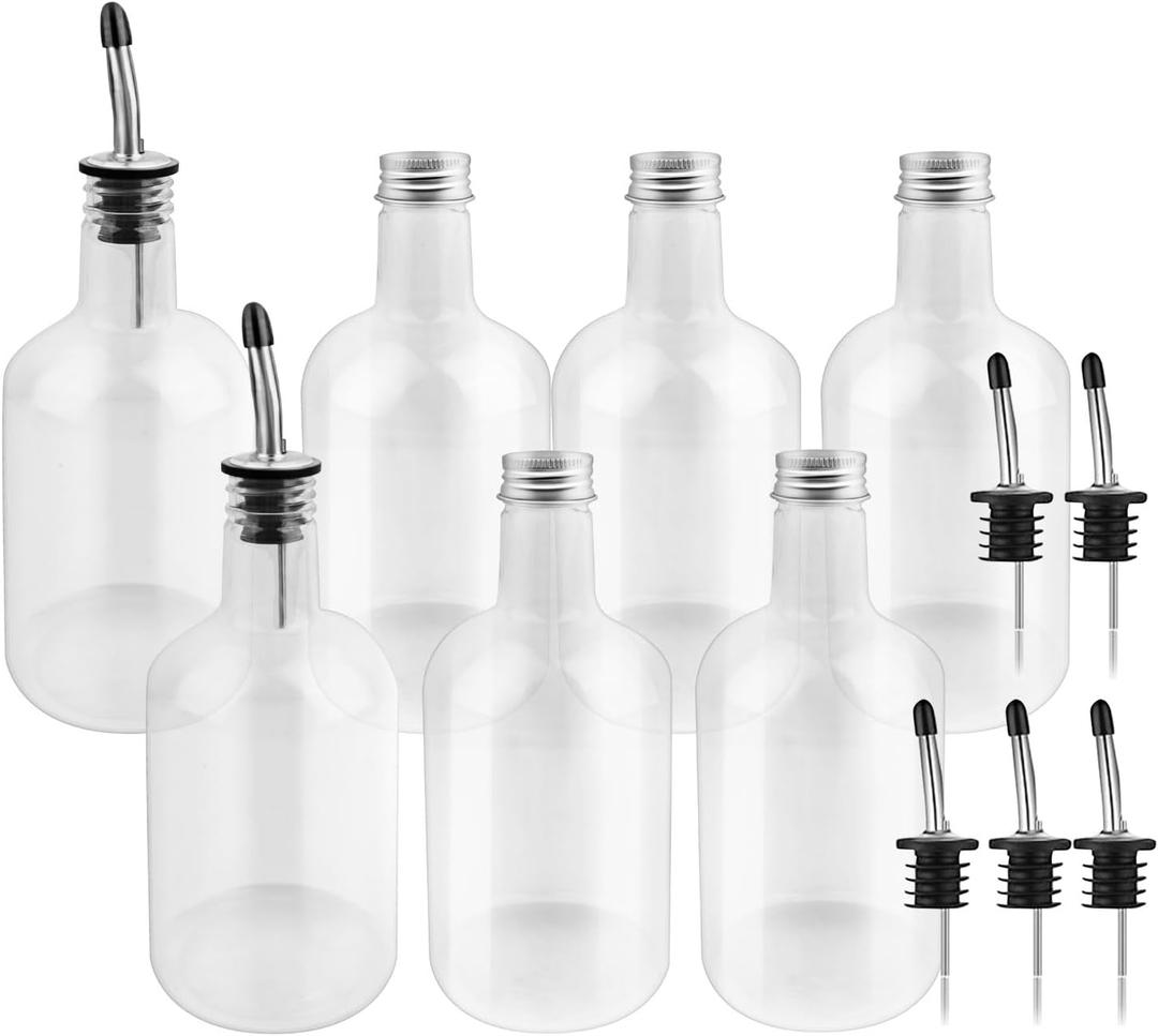 7 Sets 16 oz Plastic Long Neck Bottles with Pourer and Caps, Plastic Juice Pour Bottles with Stainless Steel Bottle Pourer Tapered Spout for Liquor Juice Store Syrup Bottles Pourers