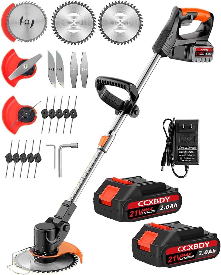 Electric Weed Wacker Cordless, 21V Electric Weed Cordless Eater Battery Powered with 2Pcs 4.0Ah Batteries, 3 in 1 Stringless Grass Trimmer/Edger/Brush Cutter for Lawn Yard Garden