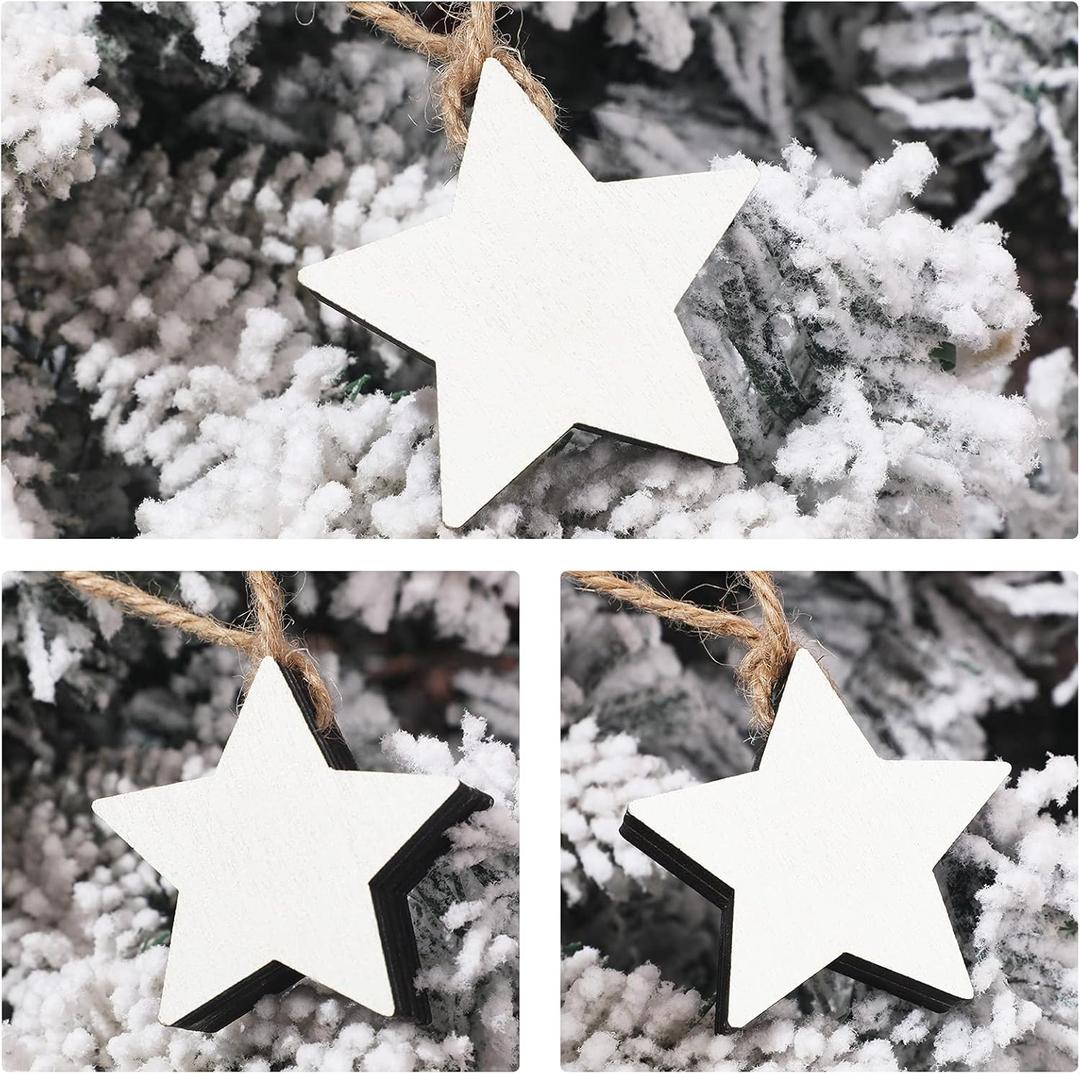 Jetec 12 Pieces Christmas Wooden Star Ornaments Blank Cutout Stars Sign Rustic Wooden Farmhouse Hanging for Christmas Tree Ornaments Decorations(White)