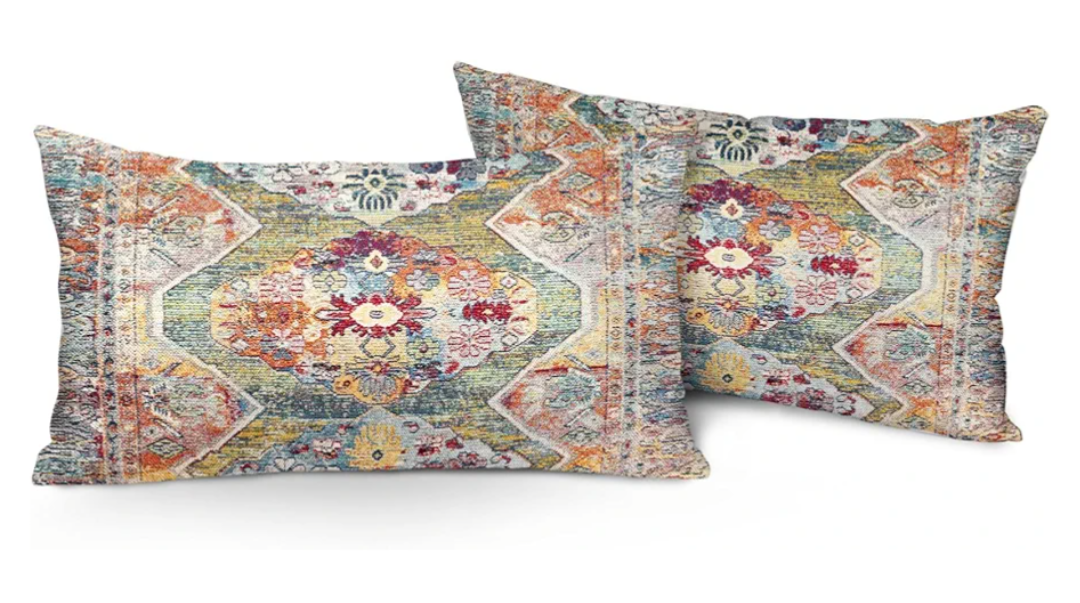 Set of 2 Boho Pillow Covers 12"x20" Blue Bohemian Carpet Double Sided Pattern Linen Pillowcases Cushion Cover for Farmhouse Couch Sofa Bed Decorative, Only Pillowcase