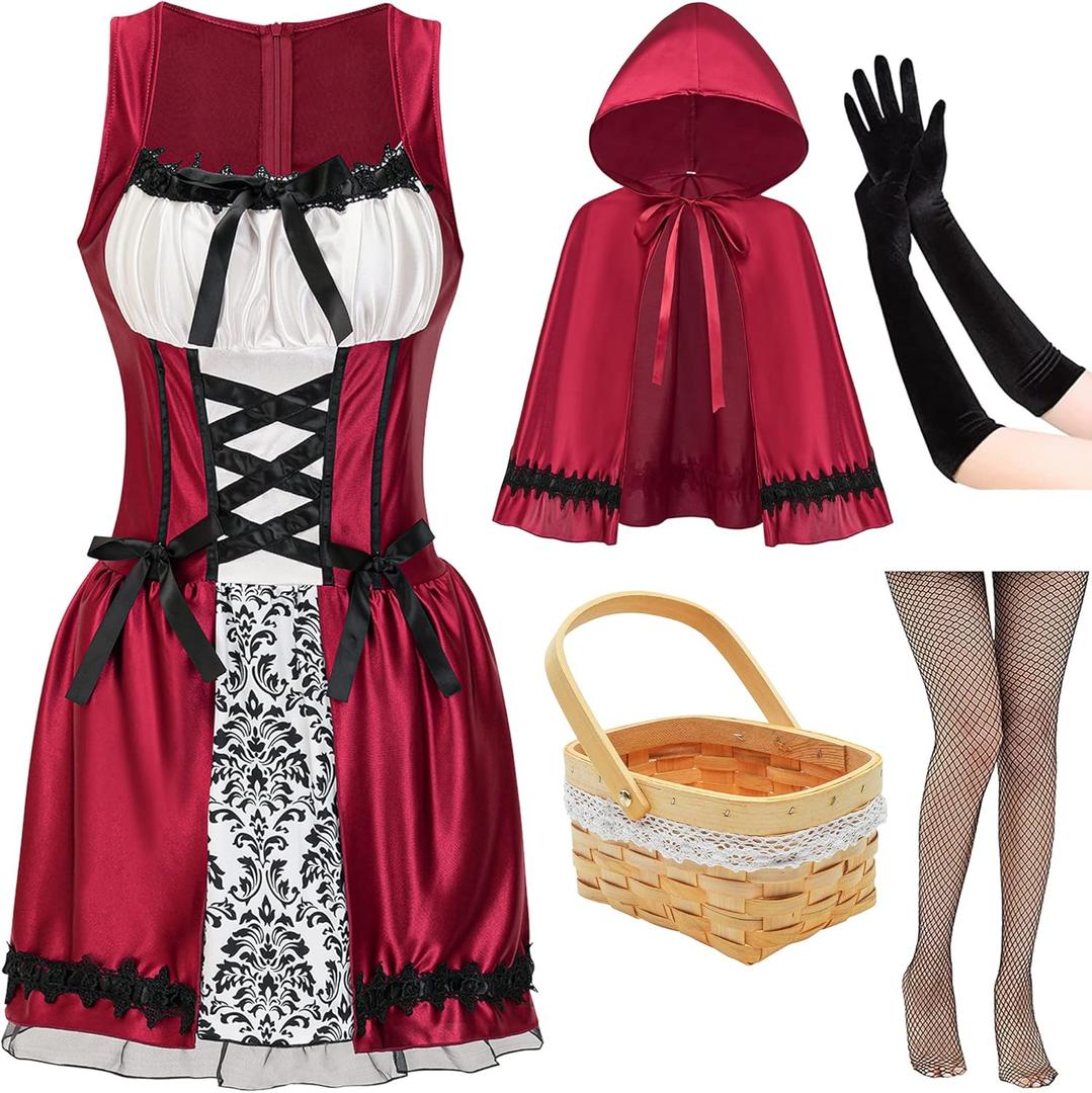 Halloween Costume for Women, Adult Red Dress with Cape Basket Gloves and Net Tights Accessories (Large)