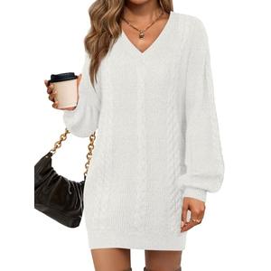 Saodimallsu Womens V Neck Mini Sweater Dress Cable Knit Long Lantern Sleeve Casual Loose Fall Tunic Pullover Sweaters White Size L