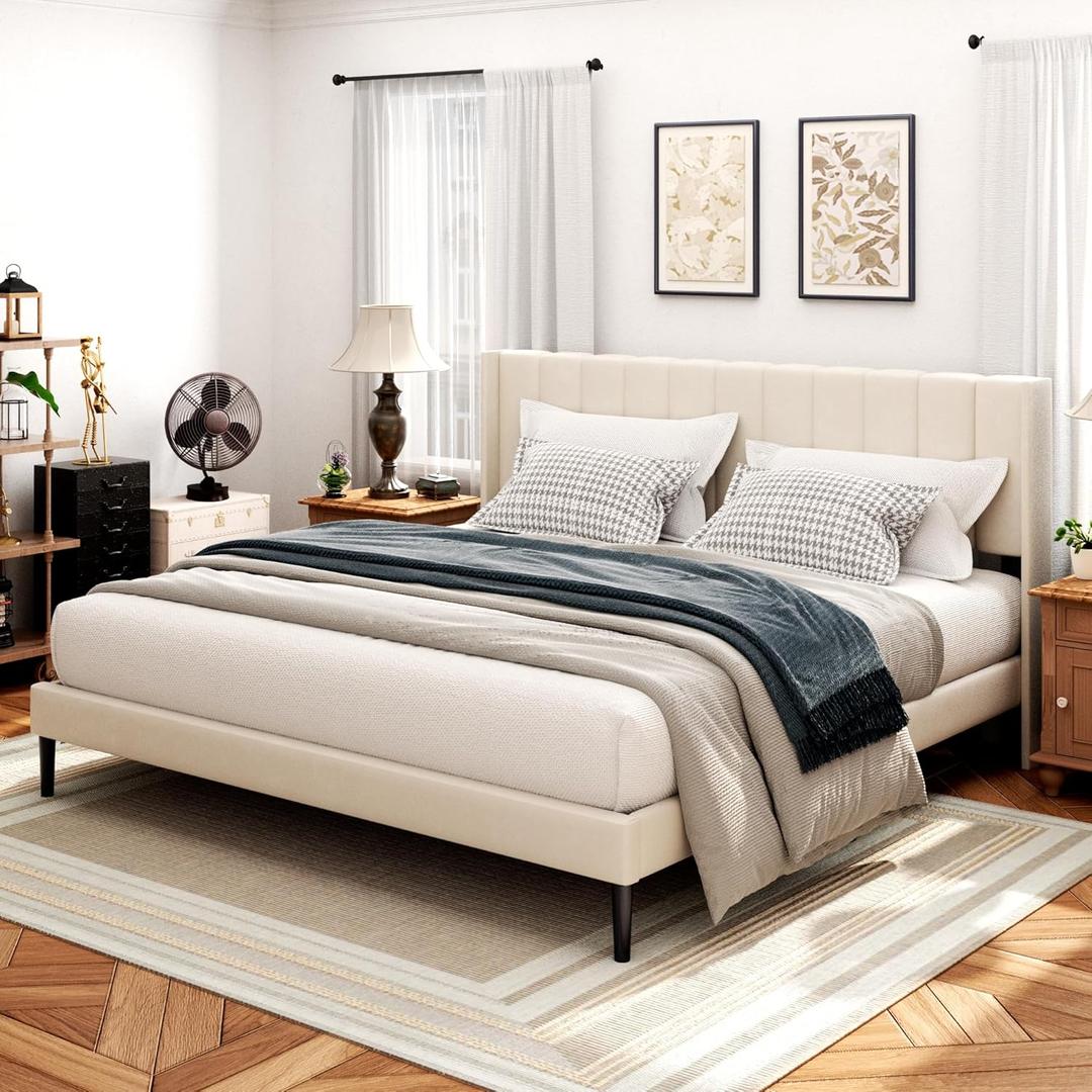 King Size Bed Frame and Headboard,Vertical Channel Tufted Wingback No Box Spring Needed, Mattress Foundation, Easy Assembly, Beige